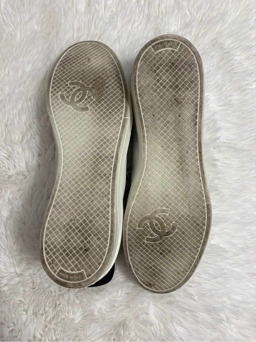 CHANEL White and Black Logo Lace-Up Sneakers